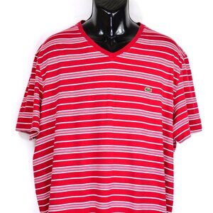 Lacoste Men's Size 9 XXL Red & White Striped V Neck Cotton T Shirt
